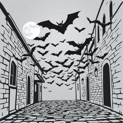 A bat swarm dancing under the moonlight in a cobblestone alley surrounded by blood-stained moon.