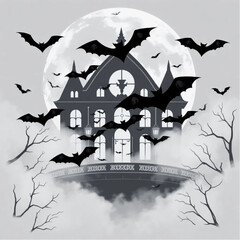 A bat swarm chasing through the mist in a decaying opera house surrounded by blood-stained moon.