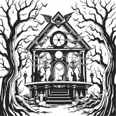A bat swarm chanting ancient spells in a decaying opera house surrounded by twisted trees.