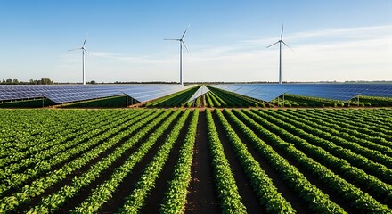 Modern farm utilizes rows of solar panels and windmills among the verdant crops.
