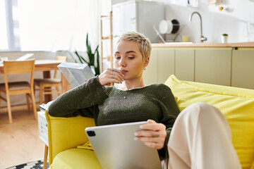 Thoughtful young woman relaxing at home while enjoying her tablet on a cozy couch