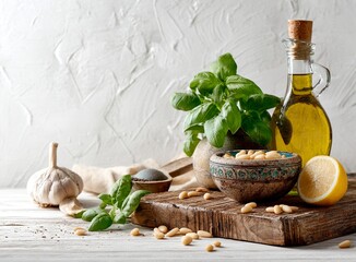 Stunning basil pine nut composition, vibrant culinary masterpiece, perfect for restaurant menus, cooking blogs, and gourmet food promotions