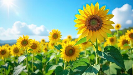 Vibrant Sunflowers Basking in Summer's Golden Light, a Field of Joyful Blooms Under a Bright Blue Sky