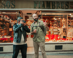 Photographer and Tourist engaging in Front of Traditional Spanish Shop in Madrid, Spain
