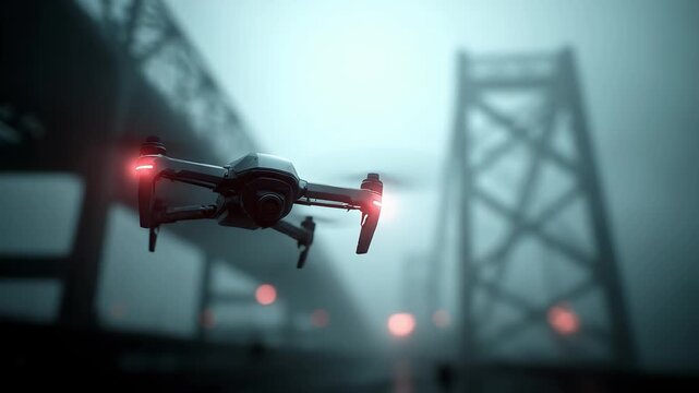 Drone Hovering in Fog Filming City Bridge