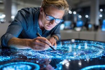 Man Working with Interactive Digital Projection Table