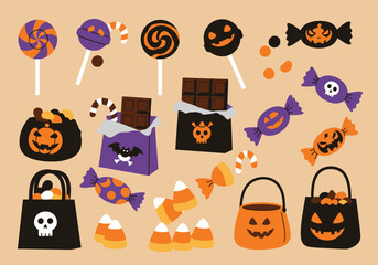 Illustration of Halloween treats, featuring candies, lollipops, chocolate bars, and treat bags with pumpkin faces, perfect for festive designs and decorations