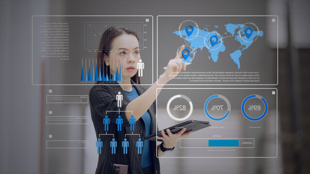 Executive analyzing global metrics on a holographic-style dashboard showing maps, charts and performance indicators in a futuristic layout.