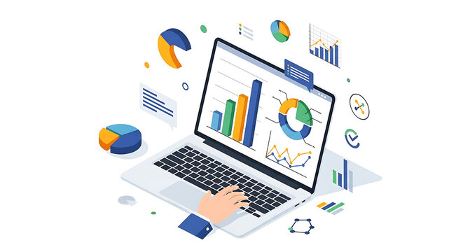 Laptop Showing Data Analysis Charts Business and Finance Visualization Concept