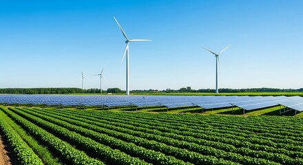 Rows of lush crops lead to expansive solar panels and spinning wind turbines on a farm.