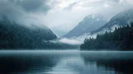 Misty mountain lake view