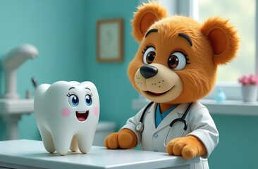 Cartoon tooth figurine with eyes and mouth. They are sitting on the floor and talking. Tooth and bear are smiling. The concept of pediatric dentistry. Dental services for children. dental treatment.