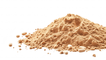 A close-up view of a mound of brown powder with scattered tablets in the foreground. set against a clean white background. ideal for health and wellness product promotions