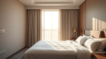 Serene hotel bedroom bathed in morning light, featuring minimalist decor and a neatly made bed.