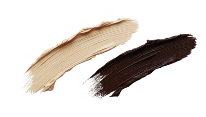 Two swatches of creamy foundation in beige and dark brown tones are artistically smeared on a clean white background. makeup color options for beauty enthusiasts