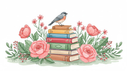 Charming bird perched atop a stack of vintage books surrounded by beautiful roses and wildflowers, perfect for adding a touch of whimsy and elegance