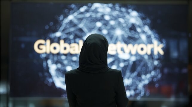 Woman in hijab, gazing at large screen displaying global network graphic