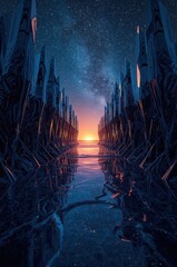 Obraz premium A stunning, futuristic corridor reflects the night sky and sunrise, creating a captivating and ethereal scene.
