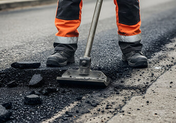 Road worker using a tamper to compact asphalt during road construction project