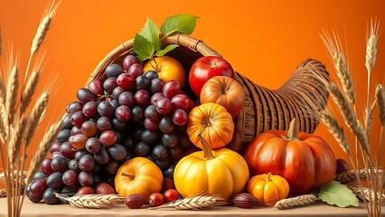 A cornucopia overflowing with fresh fruits and gourds, framed by delicate wheat stalks.