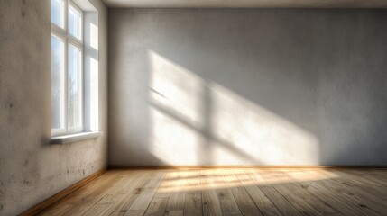 A bright, empty room with wooden flooring and sunlight casting shadows across the walls, creating a serene and minimalist atmosphere.