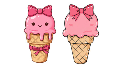 Delightful pink ice cream cones with bows, perfect for summer treats and fun designs, originally a scalable graphic, adding sweetness and charm to any project