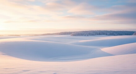 Snowy Landscape with Rolling Snow Drifts and Forest in Soft Sunrise Light