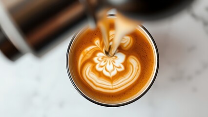 Close-up of a latte with intricate foam design being poured, coffee art process.