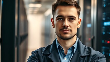 An IT technician in a data center, working among server racks.