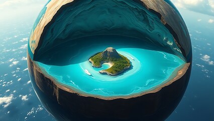 A cutaway Earth core reveals an azure ocean with floating islands, defying natural laws.