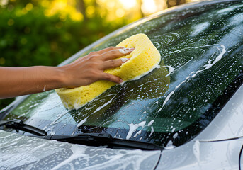 Hand washing a car windshield with a yellow sponge and soapy water outdoors