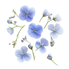Obraz premium A delicate arrangement of light blue flowers and buds. their intricate details and soft colors against a clean white background. ideal for floral design and nature-themed projects