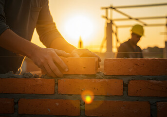 A bricklayer lays bricks in the wall at sunset, showcasing construction expertise