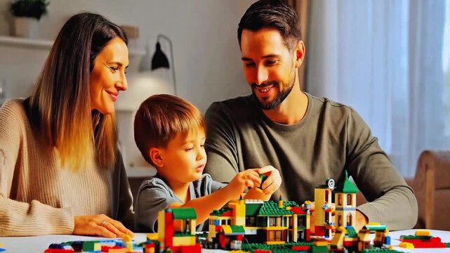 A family playing with colorful constructor blocks together on a wooden table, a loving couple with their happy child building a house with educational toys. Teamwork, creativity, imagination.