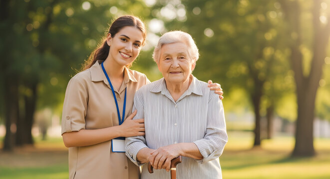 Happy senior woman with caregiver smiling outdoors enjoying nature peaceful retirement elderly care assistance support wellbeing healthy lifestyle