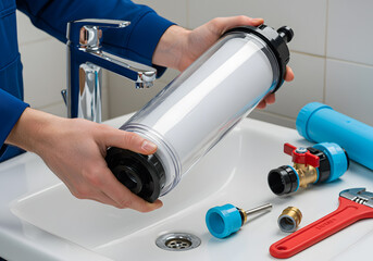 Water filter cartridge replacement in a sink, demonstrating plumbing maintenance