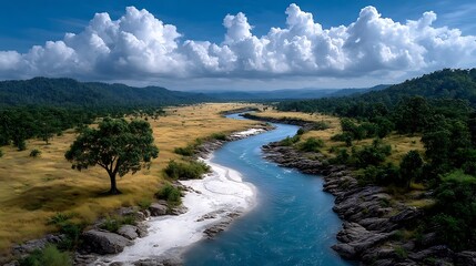 The view from above reveals a turquoise braided river curving through a white sandy plain, with green fields and distant forest patches beneath a deep blue sky.