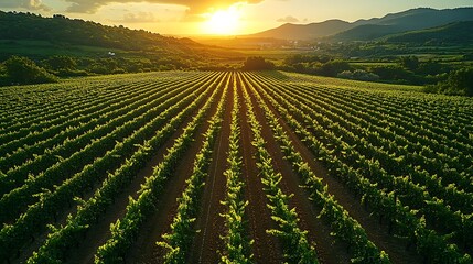 Rolling Hills Vineyard at Golden Hour Sunset Aerial View
