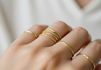 Hand adorned with delicate gold rings, showcasing minimalist jewelry fashion