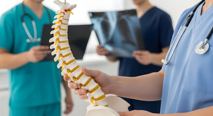 Medical Professionals Examining Spinal Anatomy Model Healthcare Doctors Teamwork Spine Health Xray Diagnosis Treatment Wellness Patient Care Hospital Clinic Doctors Teamwork Spinal Cord Vertebrae