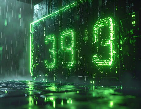 Glowing green digital number 393 displayed on a futuristic, rain-soaked panel