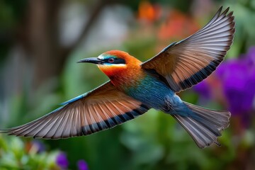 Colorful Bee Eater Bird in Flight with Blurred Background