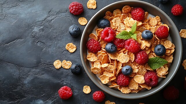 Healthy Breakfast Cereal with Fresh Berries and Milk on Dark Background - Powered by Adobe