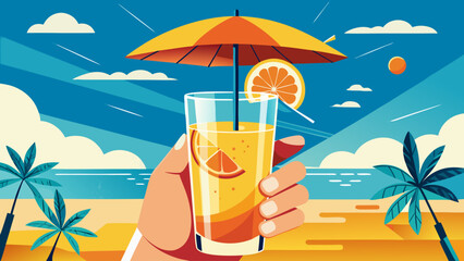 Refreshing orange juice under a beach umbrella on a sunny day