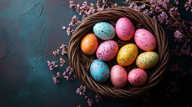 Vibrant Easter Eggs in a Rustic Nest Adorned with Blossoms - Powered by Adobe