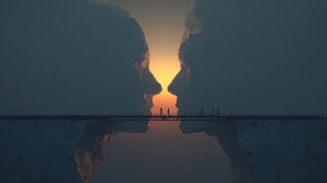 Two colossal cloud faces meet on a bridge