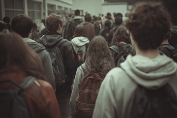Diverse Group of Students with Backpacks Walking in Urban Cityscape: High School Teens in Busy Street Scene