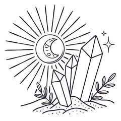 Naklejka premium Mystical sun moon and crystal illustration