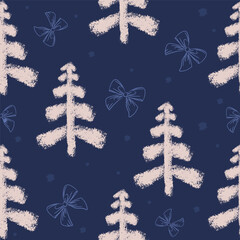 Seamless Christmas Tree Pattern with Snowflakes in Hand Drawn Style. Winter Holiday Background for wrapping paper gift packaging fabric wallpapers and festive backgrounds.Vector illustration