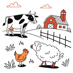 Cute farm animals and barn illustration